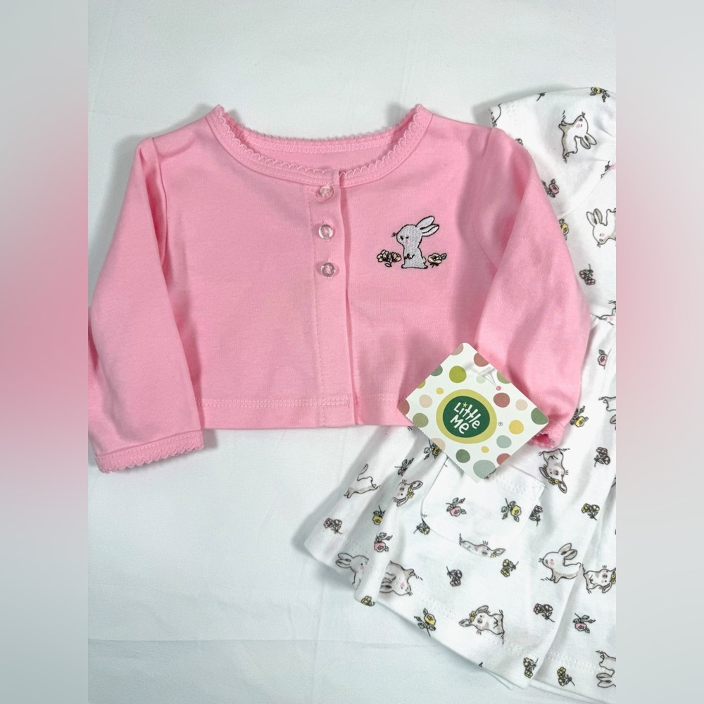 LITTLE ME Baby Girl Dress Set Size 3M Pink Bunny Print Cardigan‎ Outfit